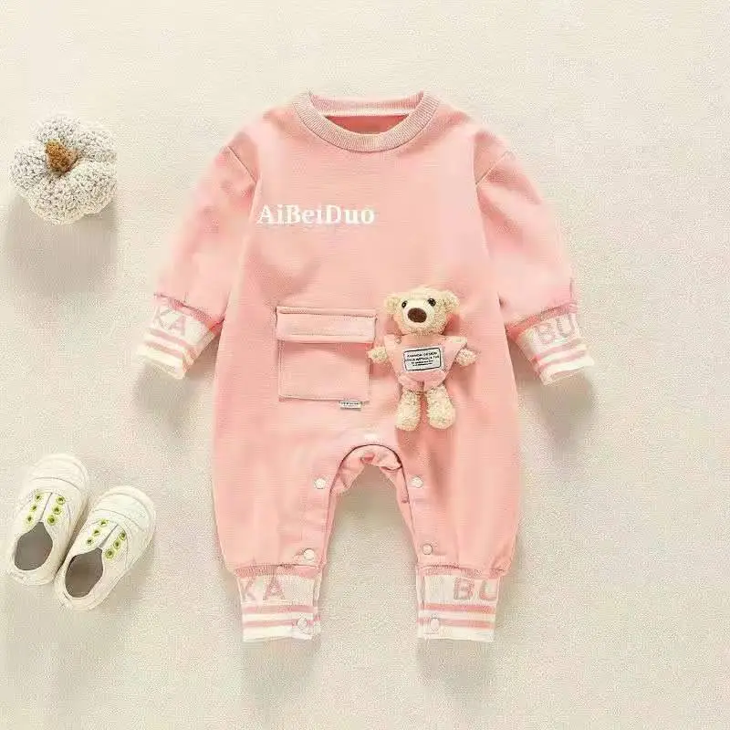 【66-90cm】全3色熊ぬいぐるみ付き長袖プリントベビー服男の子女の子ロンパース
