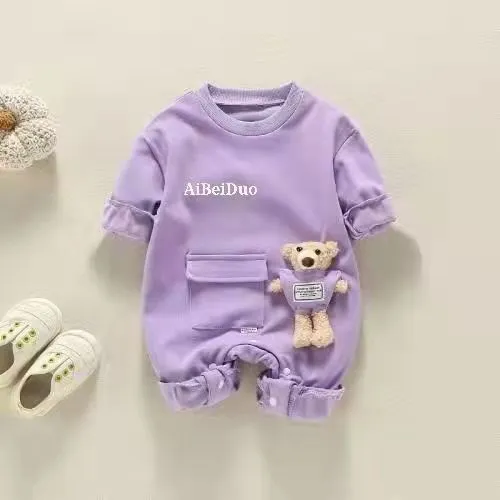 【66-90cm】全3色熊ぬいぐるみ付き長袖プリントベビー服男の子女の子ロンパース
