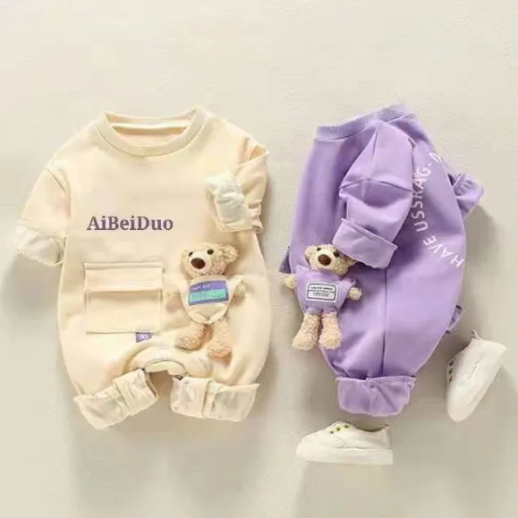 【66-90cm】全3色熊ぬいぐるみ付き長袖プリントベビー服男の子女の子ロンパース
