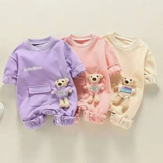 【66-90cm】全3色熊ぬいぐるみ付き長袖プリントベビー服男の子女の子ロンパース