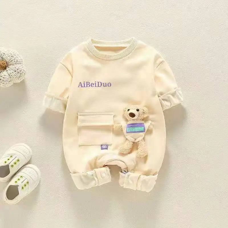 【66-90cm】全3色熊ぬいぐるみ付き長袖プリントベビー服男の子女の子ロンパース