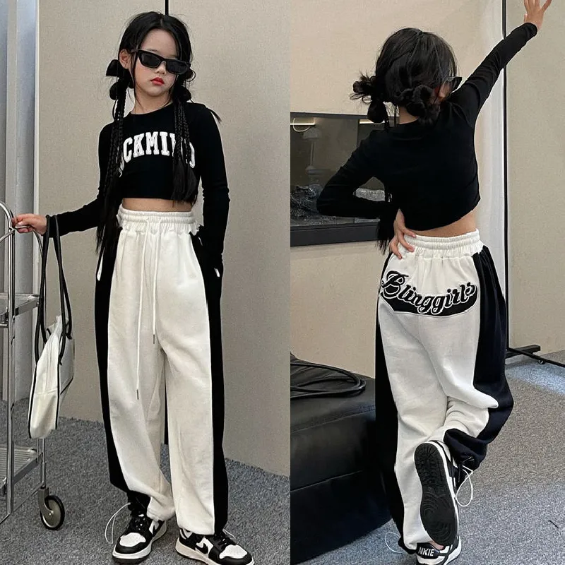 【120-170】ヒップホップ ダンス 配色 アルファベット 切り替え Tシャツ＋カーゴパンツ 春秋 子供服 キッズ 女の子 ジュニア セットアップ 	パンツ/単品