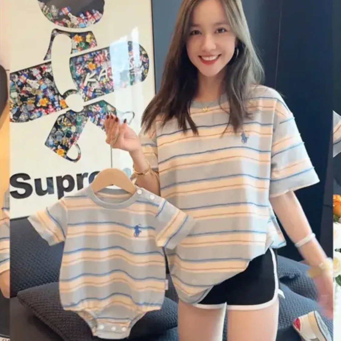 【66-150cm+親サイズ】好感度UP 大人気 ボーダー柄 快適 親子ペア ロンパース/Ｔシャツ