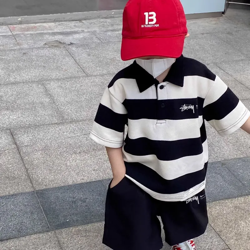 【90-140cm】二点セット 単品注文OK 存在感アップ  カジュアル ボーダー柄 半袖Ｔシャツ＋ショートパンツ セットアップ-副本