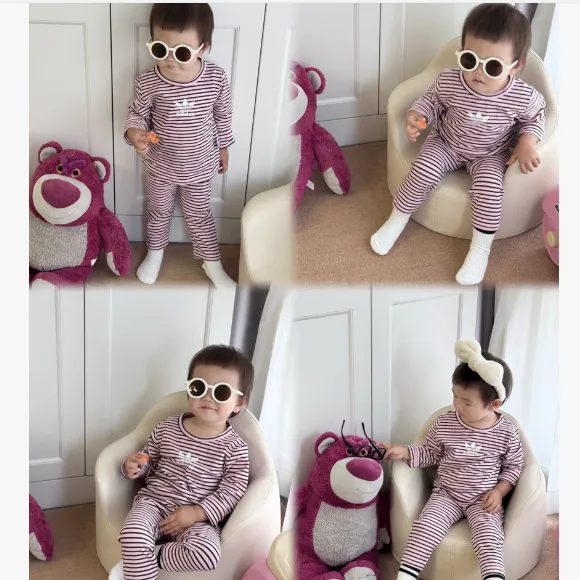 【80-120cm】二点セット 絶対後悔しない 大人気 ボーダー柄 やわらか素材 トップス+パンツ ルームウェイ